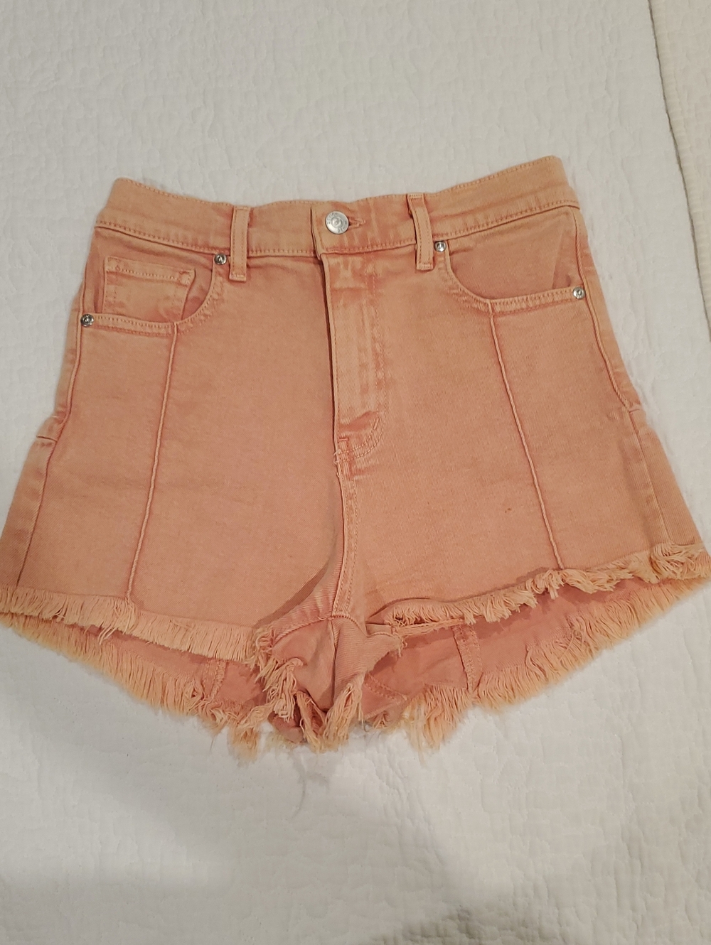 REVICE Coral-Peach Frayed Edge High-Rise Jean Shorts